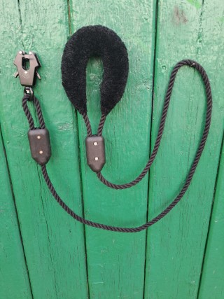 Dog lead with single black sally showing collar clasp..